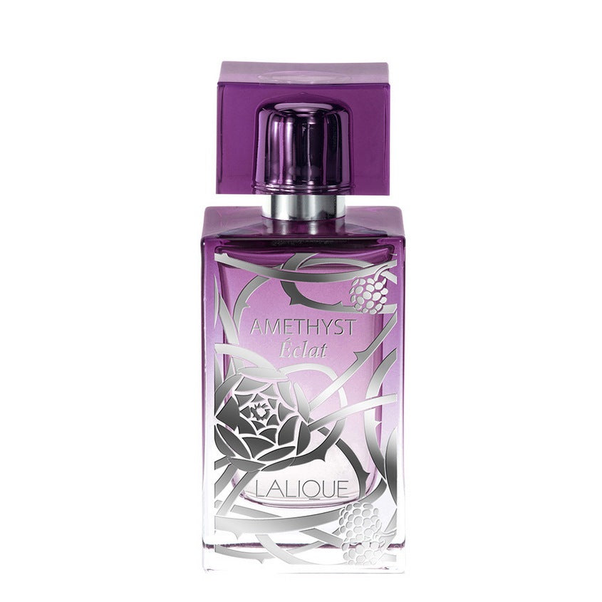 Refect Beauty Lalique Amethyst Eclat eau de parfum in a rectangular purple glass bottle with silver floral engraving