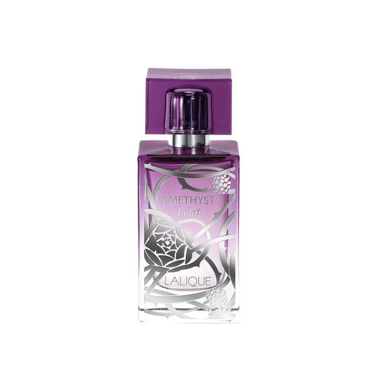 Refect Beauty Lalique Amethyst Eclat eau de parfum in a rectangular purple glass bottle with silver floral engraving