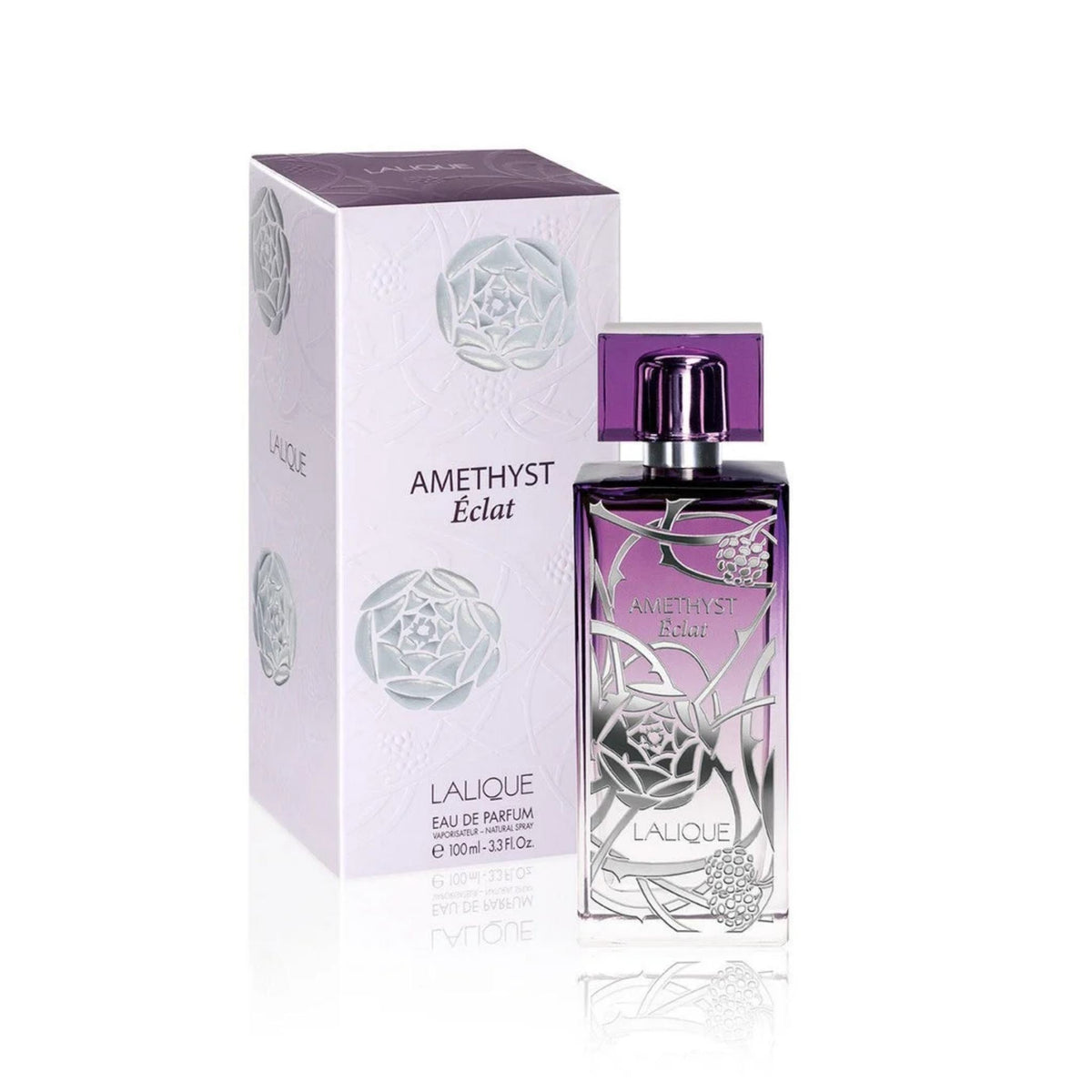 Refect Beauty Lalique Amethyst Eclat Eau de Parfum bottle and matching floral embossed box in purple and silver
