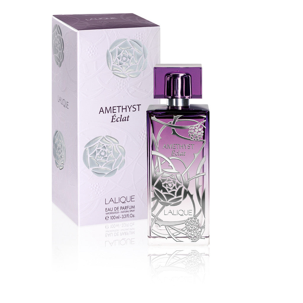 Refect Beauty Lalique Amethyst Eclat eau de parfum bottle and matching purple floral box on a white background