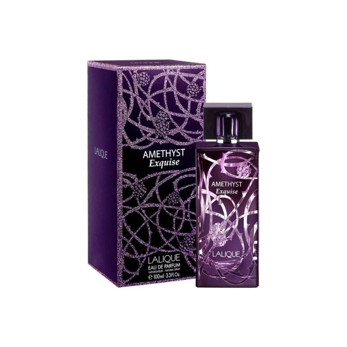 Refect Beauty Lalique Amethyst Exquise eau de parfum bottle and purple box with blackberry and floral design