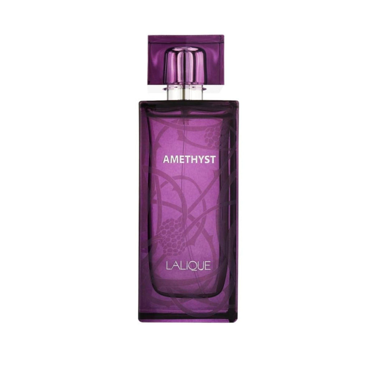 Refect Beauty Lalique Amethyst eau de parfum in a rectangular purple glass bottle with intricate blackberry vine design