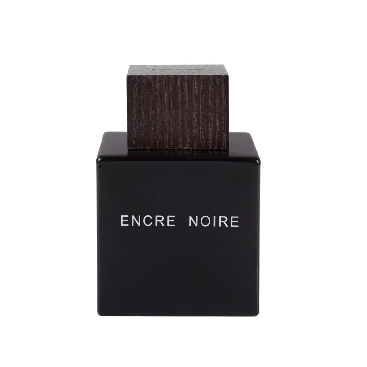 Refect Beauty Lalique Encre Noire eau de toilette in a sleek black glass bottle with a dark wood-textured square cap.