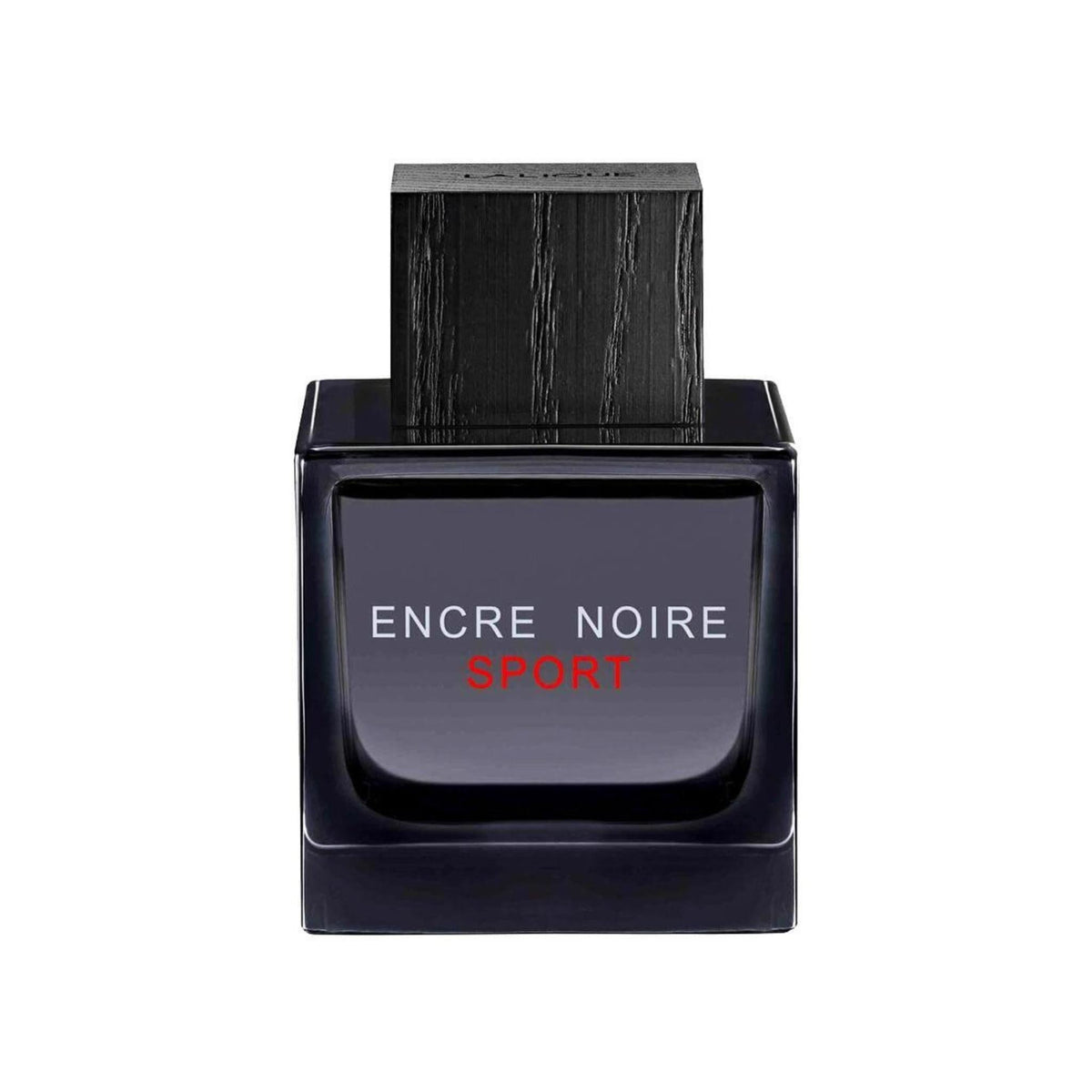 Refect Beauty Lalique Encre Noire Sport eau de toilette in a sleek black glass bottle with a wooden-textured cap.