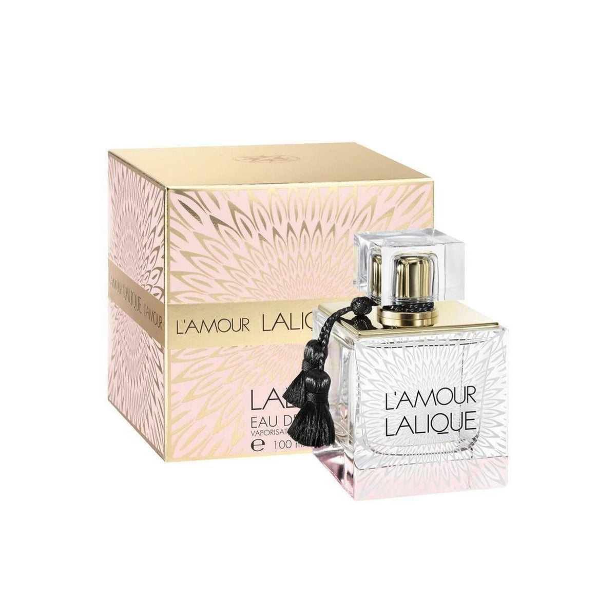 Refect Beauty Lalique L'Amour Eau de Parfum in a square glass bottle with a black tassel next to its gold floral box.
