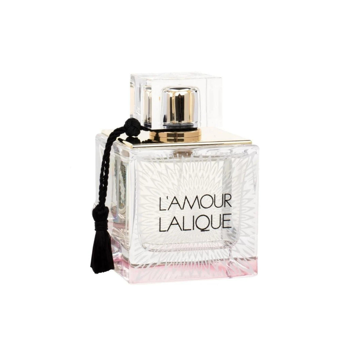 Refect Beauty Lalique L'Amour Eau de Parfum in a clear glass bottle with a black tassel and gold accents