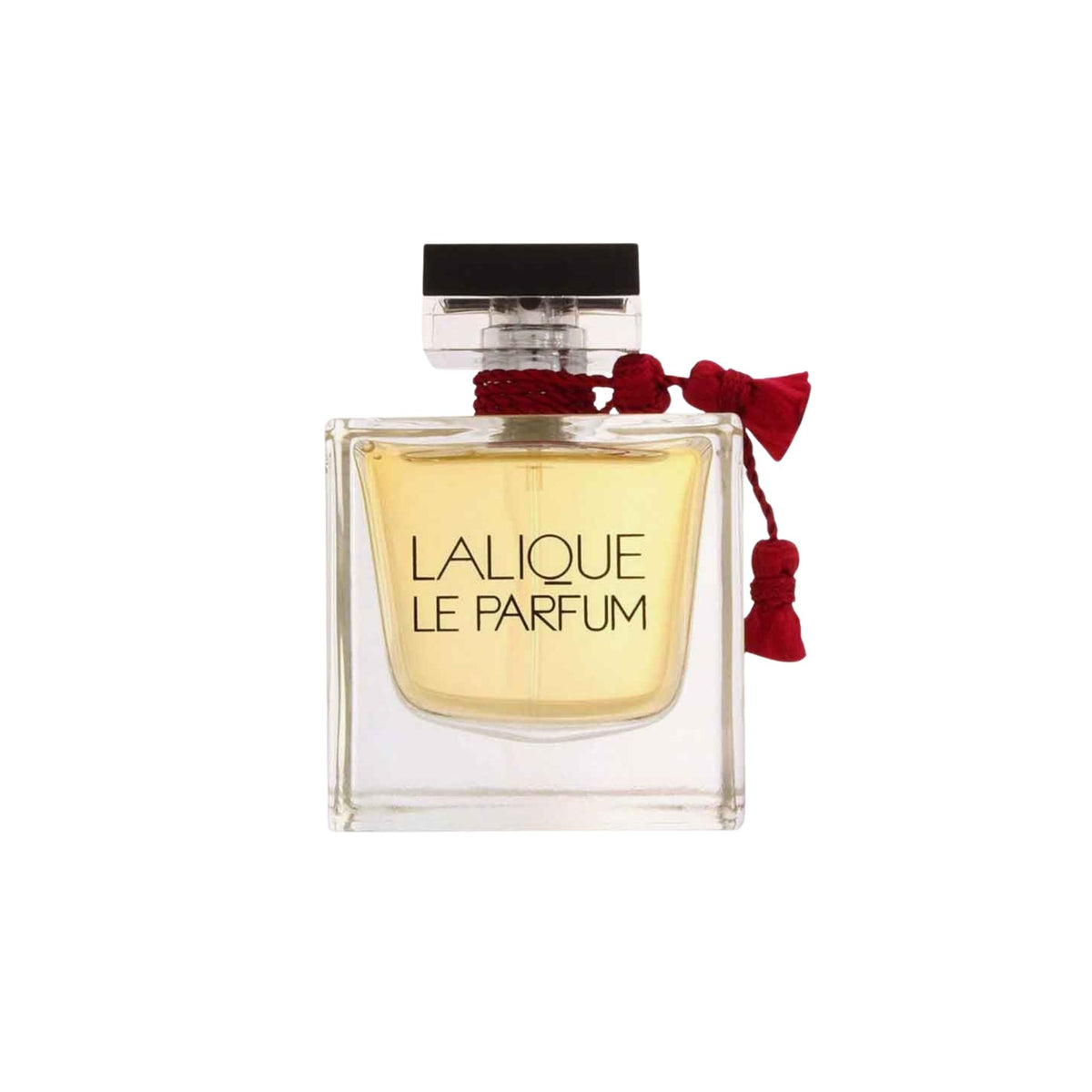 Refect Beauty Lalique Le Parfum eau de parfum in a square glass bottle with a red tassel and black cap.