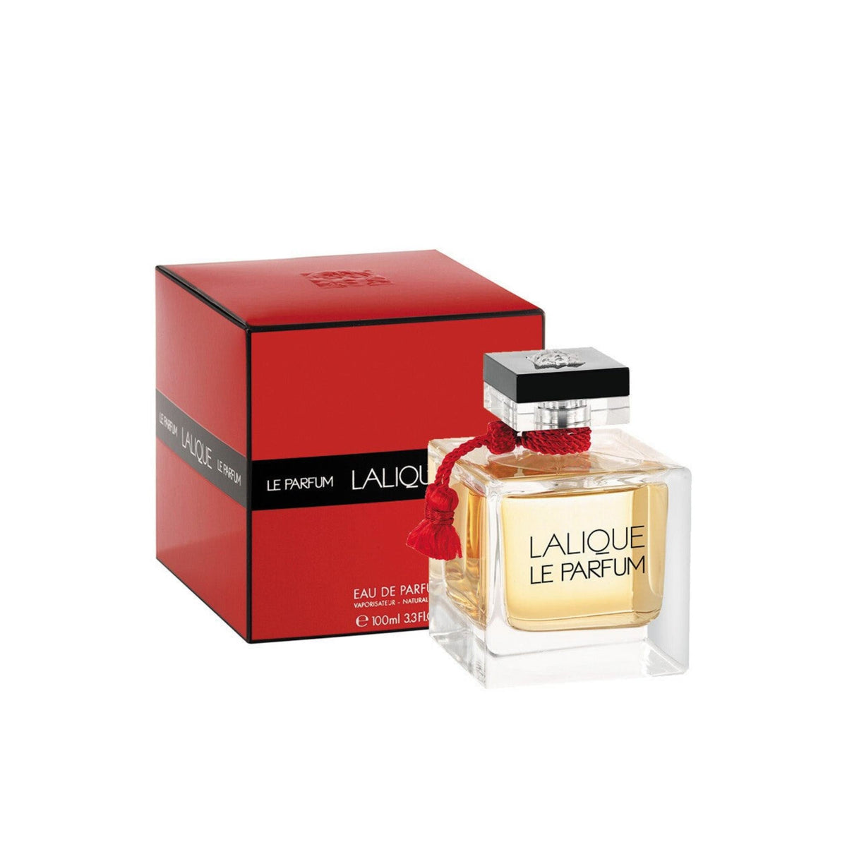 Refect Beauty Lalique Le Parfum eau de parfum in a square glass bottle with a red tassel next to its red box.