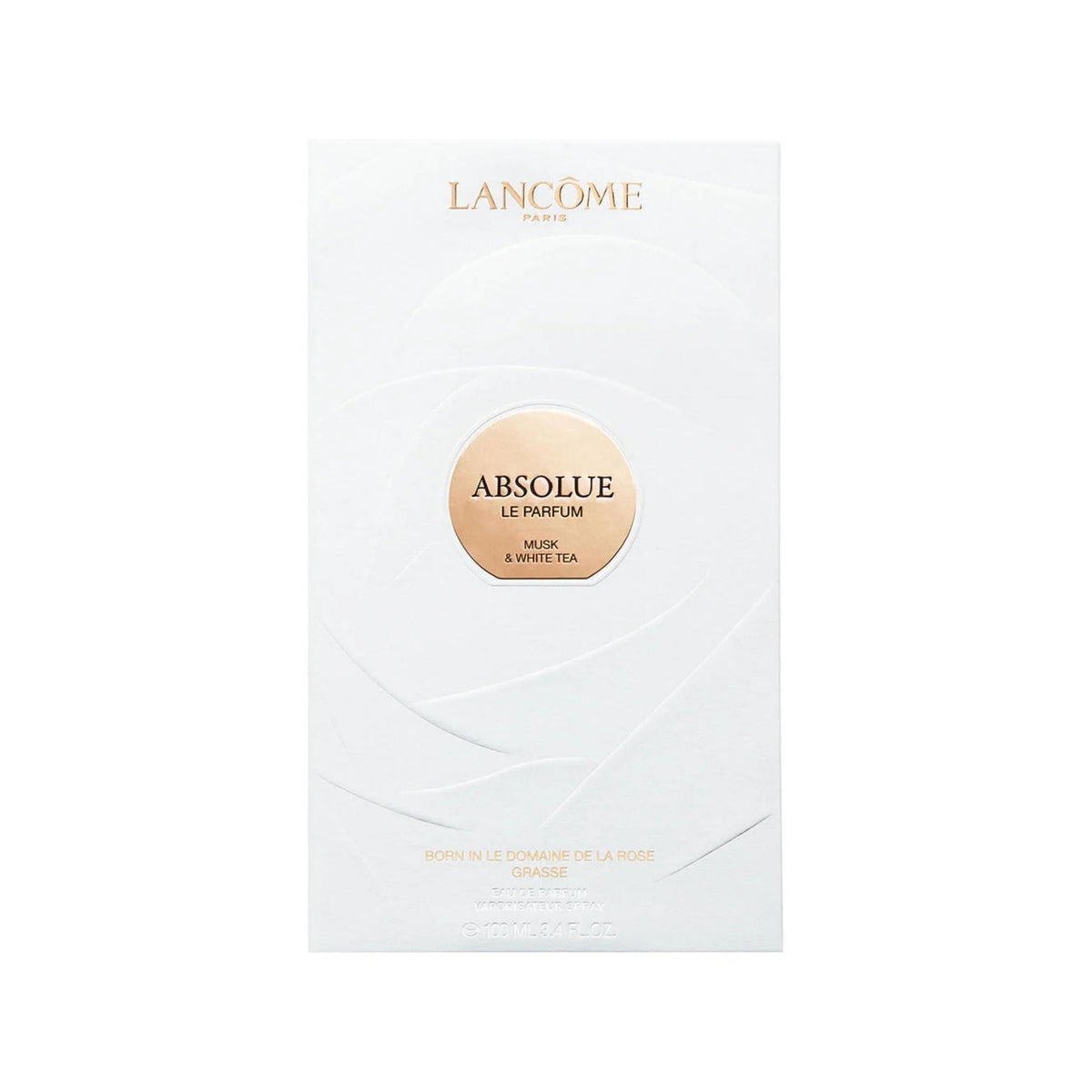 Refect Beauty Lancôme Absolue Le Parfum Musk & White Tea fragrance box with elegant white embossed floral design