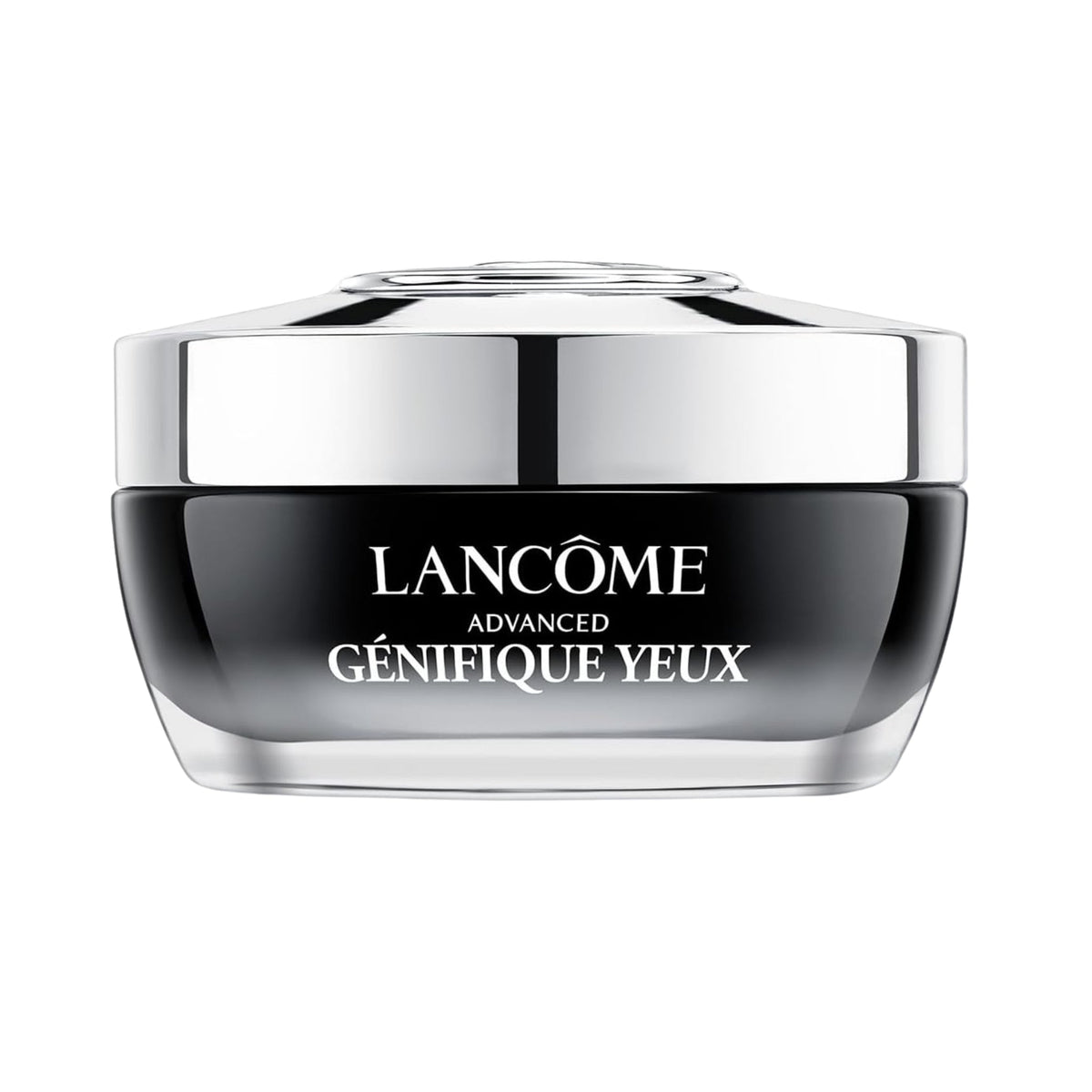 Refect Beauty Lancome Advanced Génifique Yeux eye cream in a sleek black jar with a silver lid.