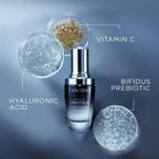 Refect Beauty Lancôme Advanced Génifique serum bottle with hyaluronic acid and vitamin C ingredient illustrations