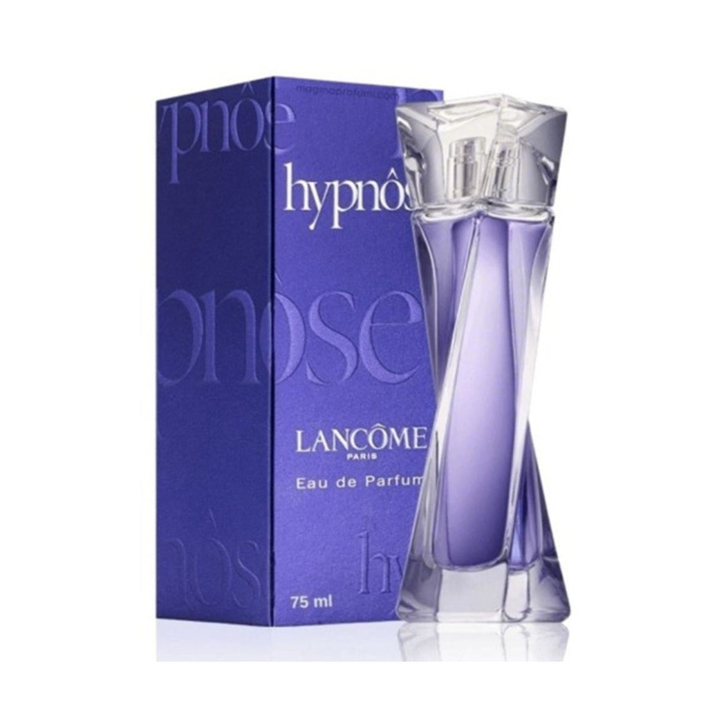 Refect Beauty Lancome Hypnose Eau de Parfum in a twisted purple glass bottle next to its matching purple box