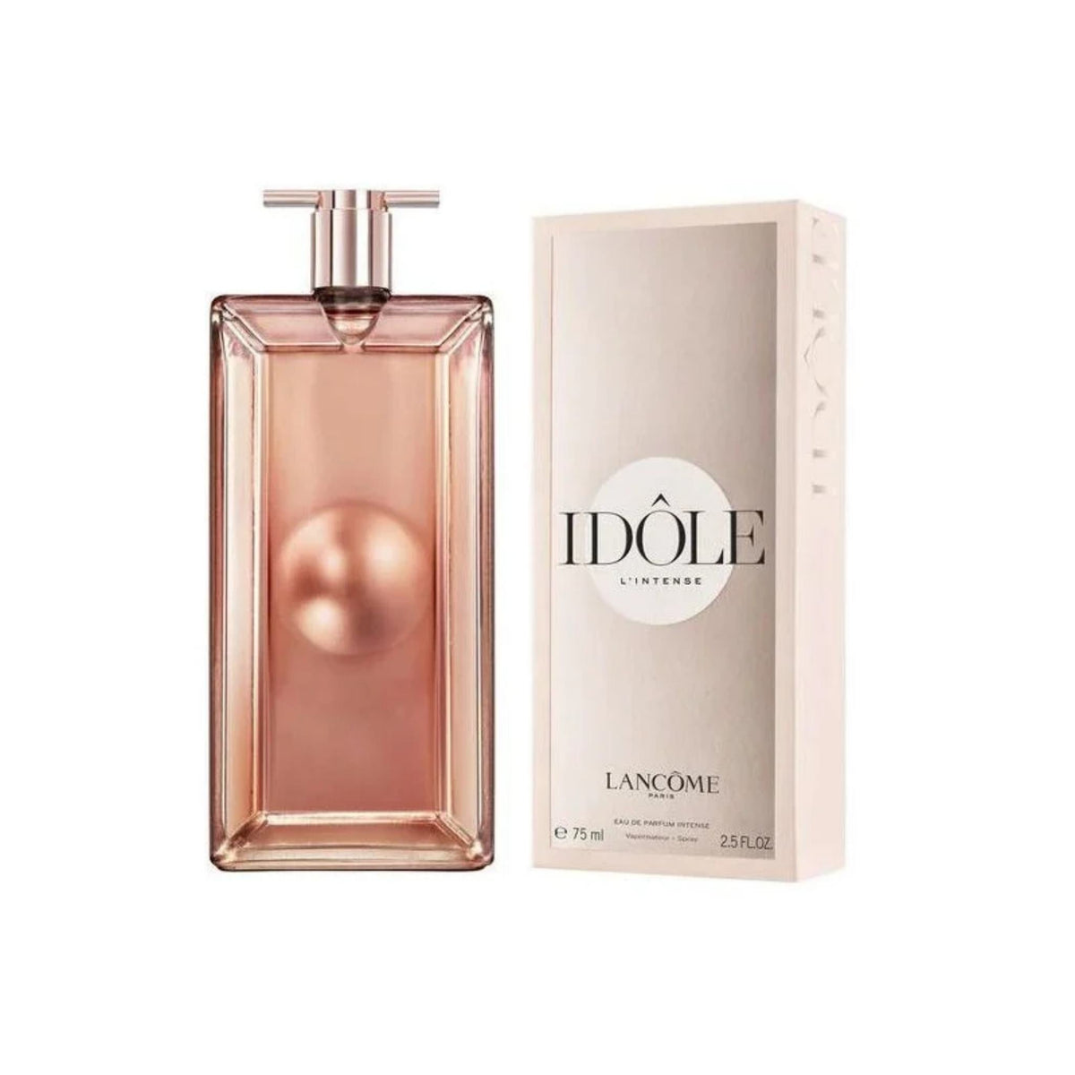 Refect Beauty Lancome Idole L'Intense Eau de Parfum Intense in a slim rose gold bottle with its matching box.