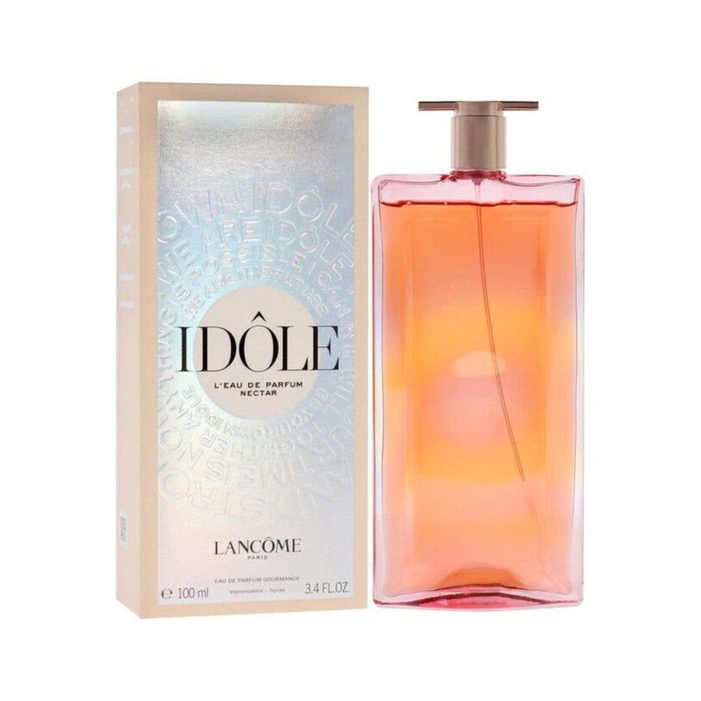 Refect Beauty Lancôme Idôle Nectar Eau de Parfum bottle with its matching peach-toned box featuring elegant typography.