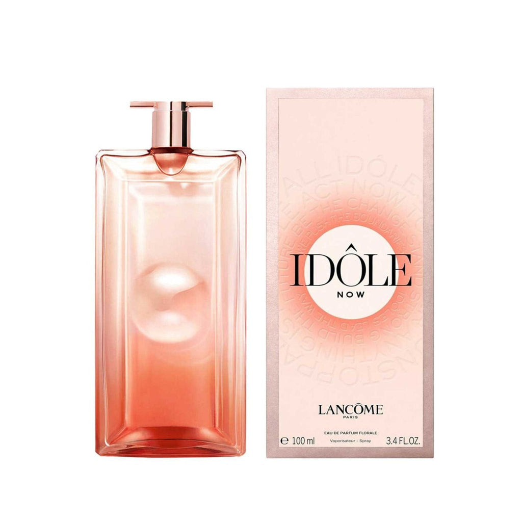Refect Beauty Lancôme Idôle Now Eau de Parfum bottle and box, featuring a slim rose-gold glass design.