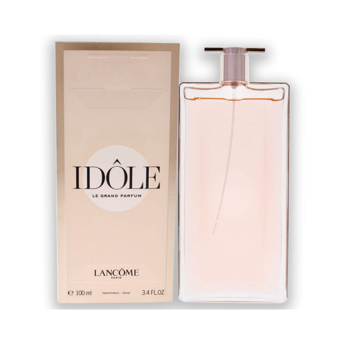 Refect Beauty Lancôme Idôle Eau de Parfum in a slim, ultra-thin glass bottle with soft pink liquid and matching box.