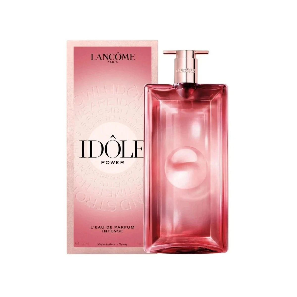 Refect Beauty Lancome Idole Power Intense eau de parfum in a slim pink glass bottle with its matching box packaging.