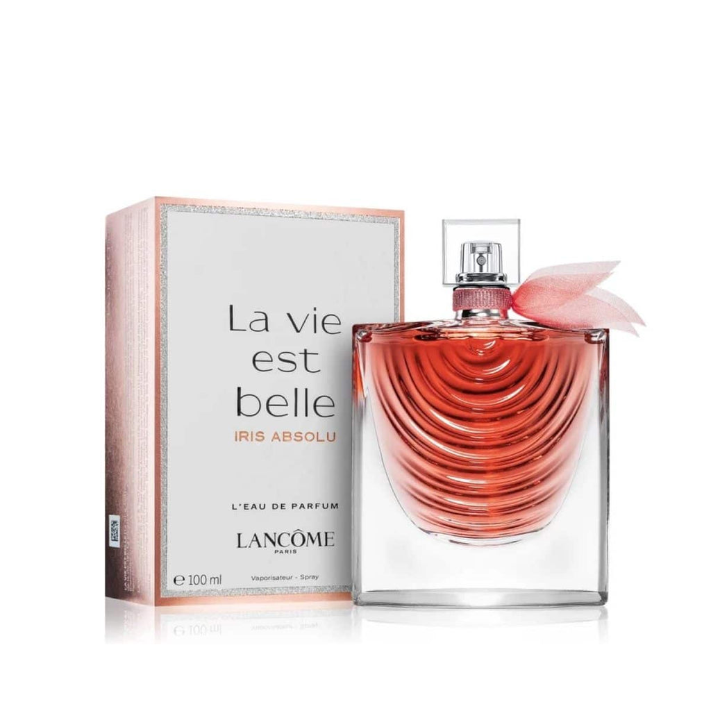 Refect Beauty Lancome La Vie Est Belle Iris Absolu eau de parfum bottle with pink ribbon and matching gift box