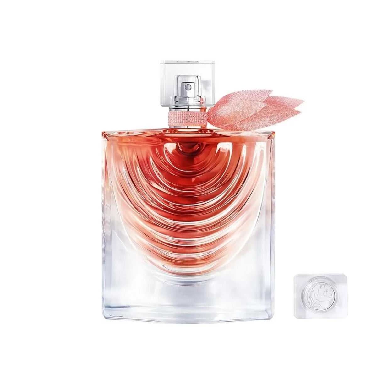 Refect Beauty Lancome La Vie Est Belle Iris Absolu perfume bottle with a pink ribbon and glass cap