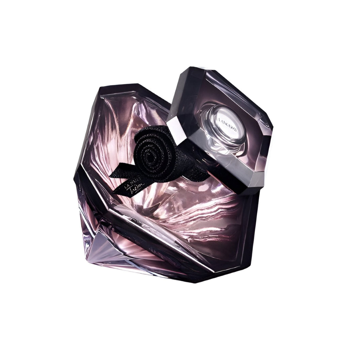 Refect Beauty Lancome La Nuit Tresor Eau de Parfum in a diamond-shaped purple glass bottle with a black rose accent.