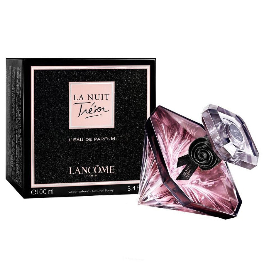 Refect Beauty Lancome La Nuit Tresor Eau de Parfum in a diamond-shaped glass bottle with a black rose accent and box.