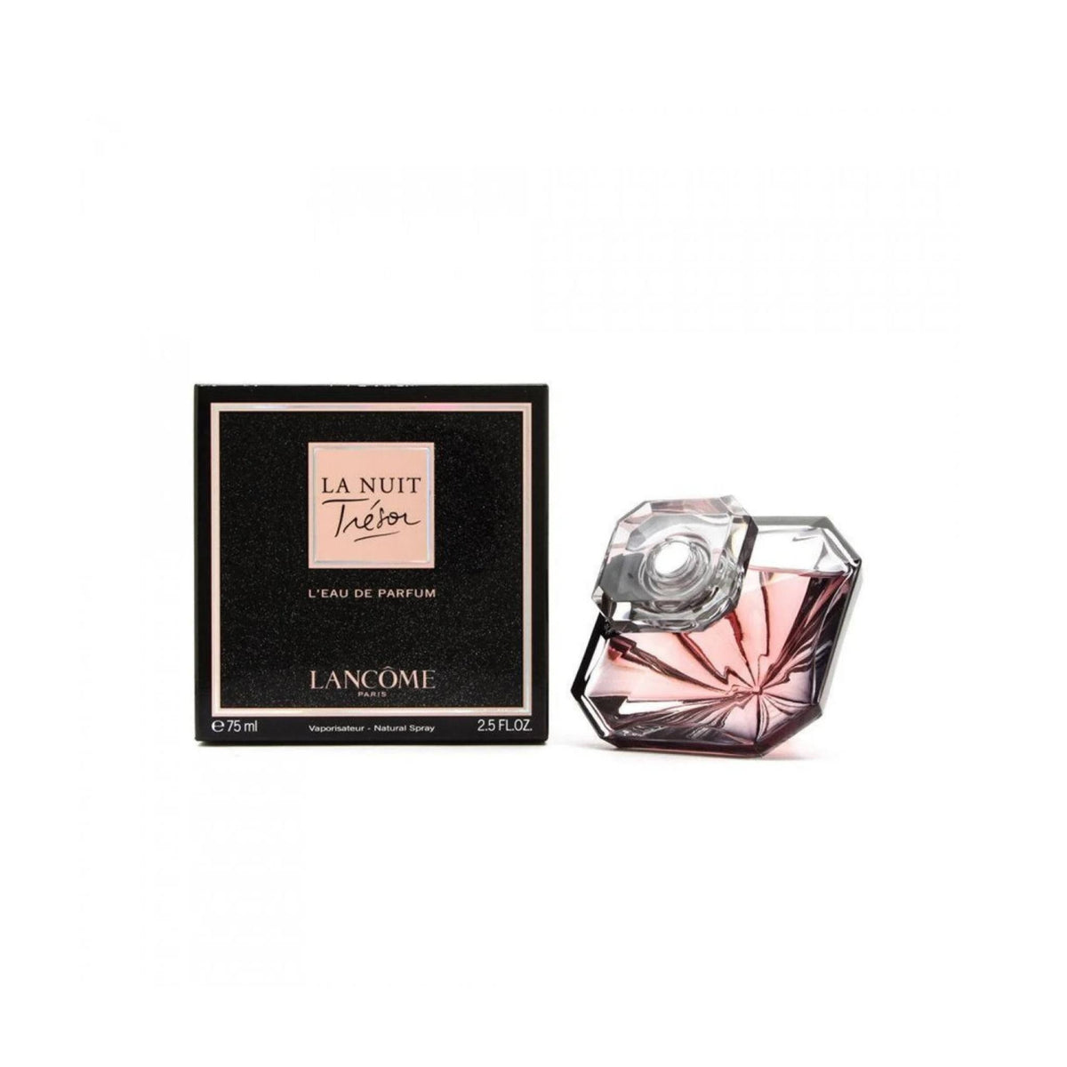 Refect Beauty Lancome La Nuit Tresor Eau de Parfum bottle and black gift box featuring a diamond-shaped glass design.