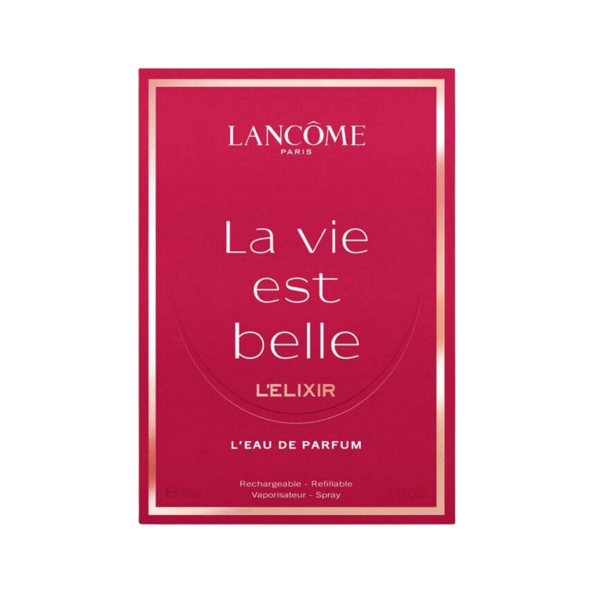 Refect Beauty Lancome La Vie Est Belle L'Elixir Eau de Parfum in a vibrant pink rectangular box packaging 50ml