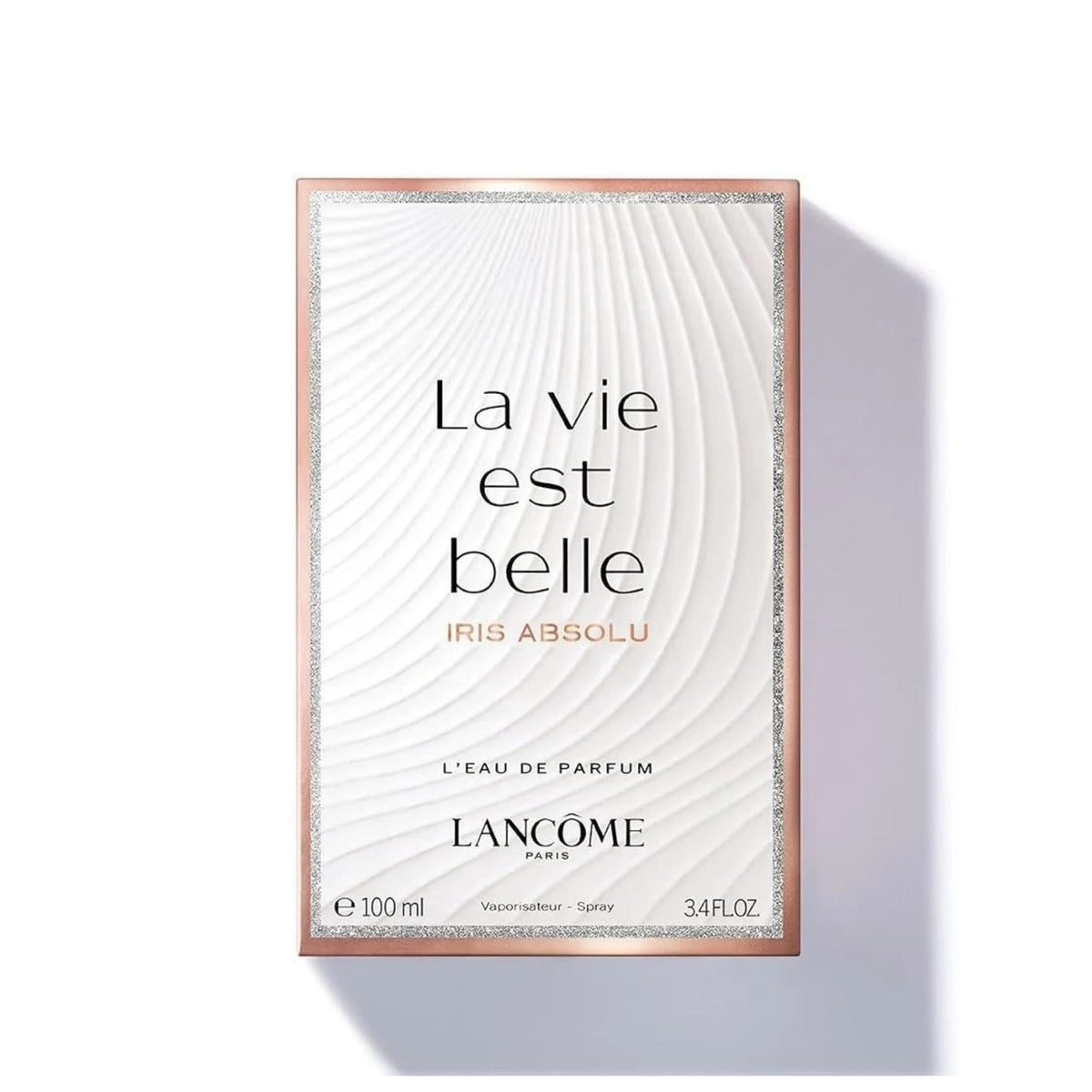 Refect Beauty Lancome La Vie Est Belle Iris Absolu perfume box with white wavy texture and silver glitter border