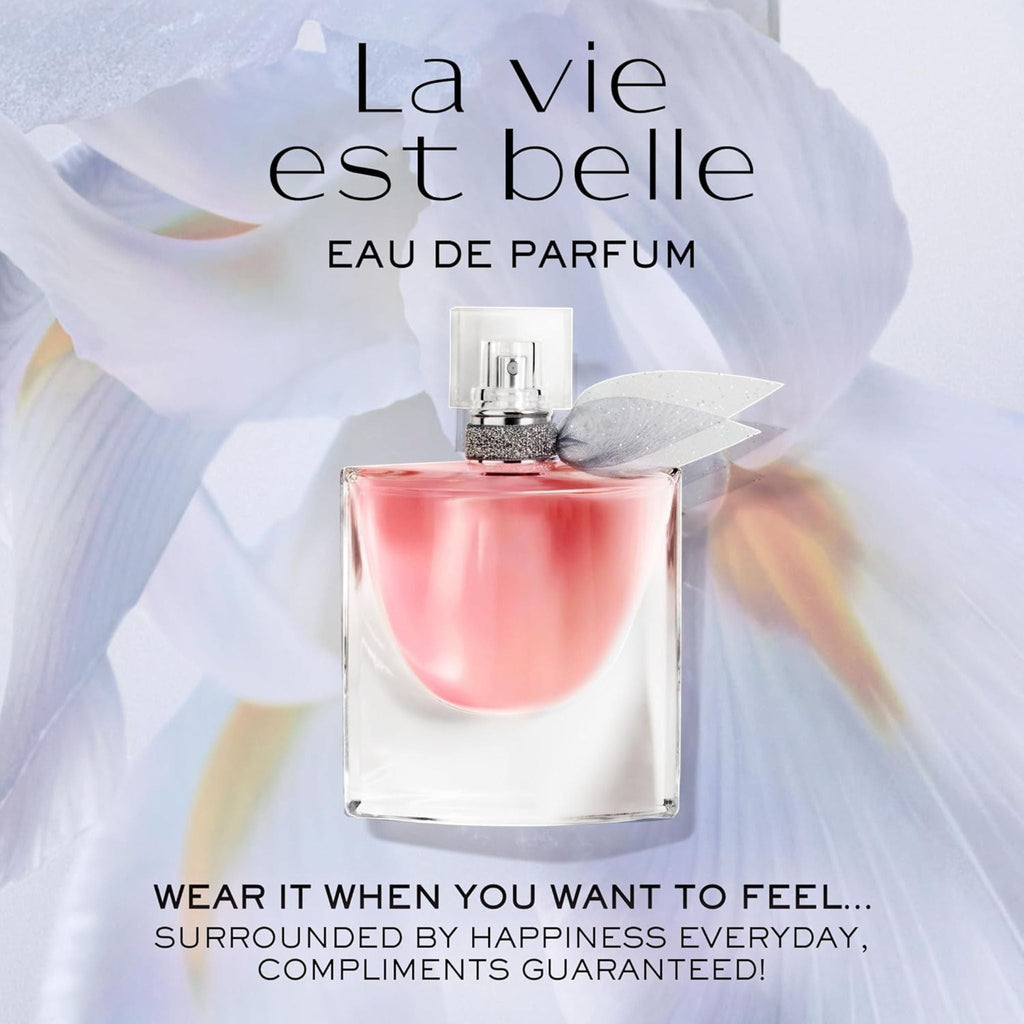 Refect Beauty Lancôme La Vie Est Belle Eau de Parfum in a glass bottle with a pink scent and grey ribbon detail.