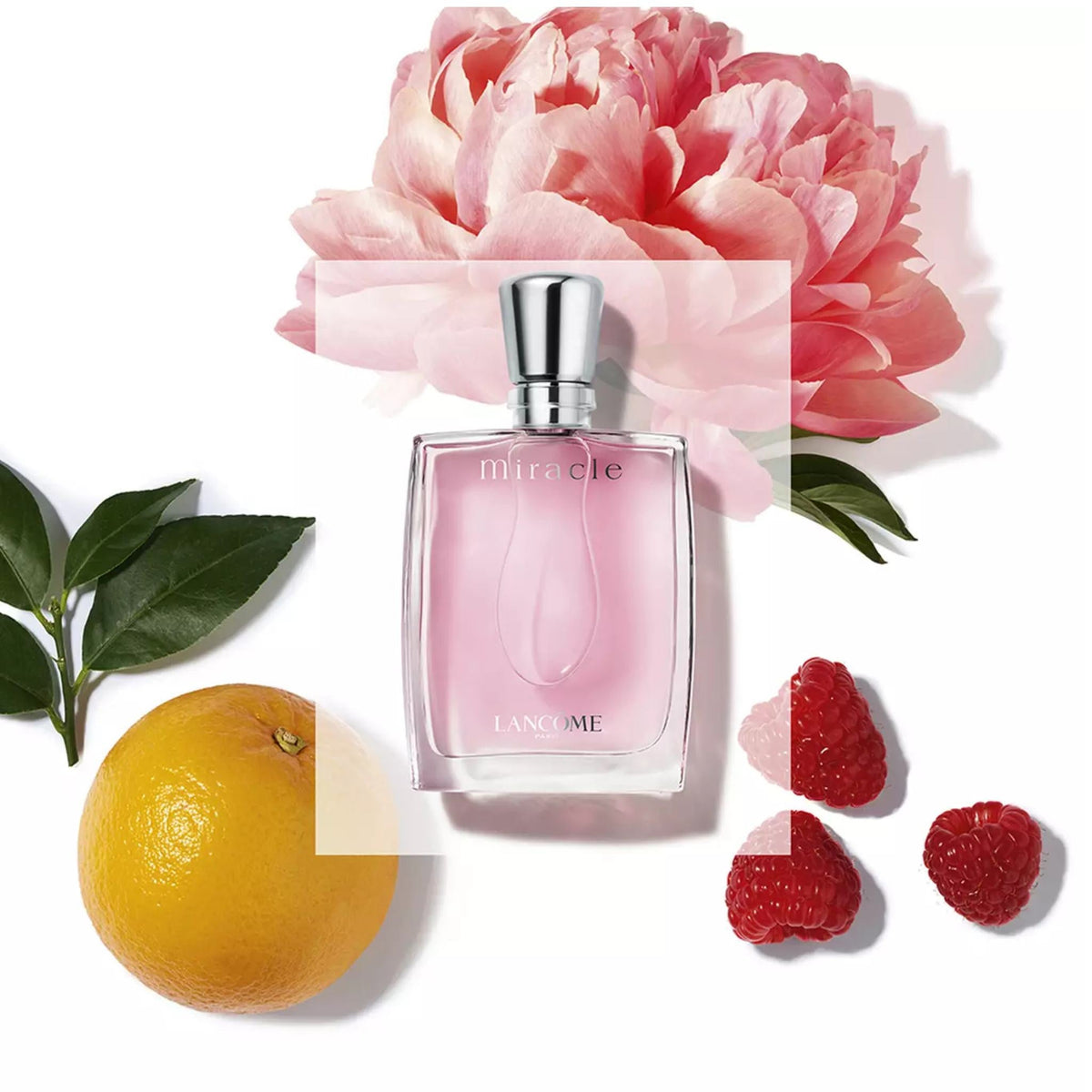 Refect Beauty Lancome Miracle Eau de Parfum bottle surrounded by a pink peony, orange, and raspberries on white