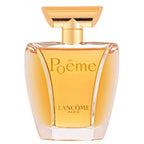 Refect Beauty Lancome Poeme Eau de Parfum in a clear glass bottle with golden liquid and a unique geometric cap.