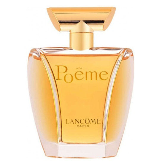 Refect Beauty Lancome Poeme Eau de Parfum in a clear glass bottle with golden liquid and a unique geometric cap.