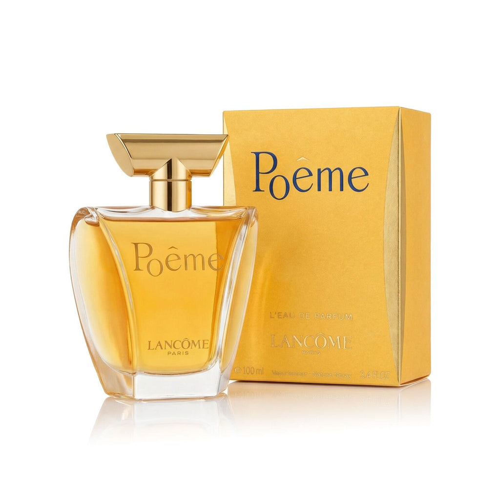 Refect Beauty Lancome Poeme Eau de Parfum in a glass bottle with gold cap next to its elegant yellow packaging box.