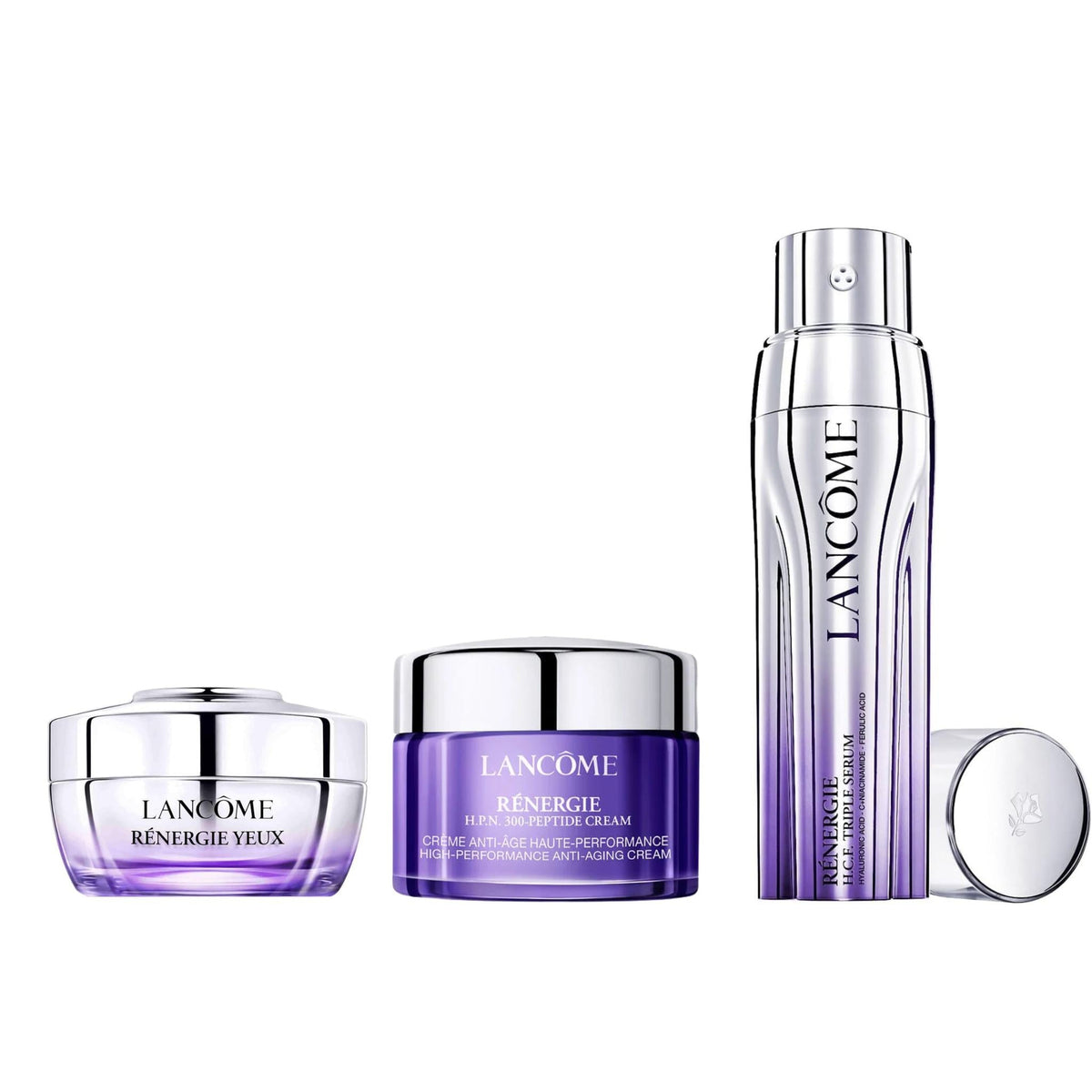 Refect Beauty Lancôme Rénergie anti-ageing skincare set featuring a triple serum, peptide cream, and eye cream.