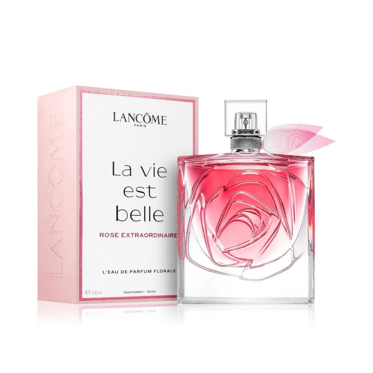 Refect Beauty Lancome La Vie Est Belle Rose Extraordinaire perfume bottle and pink box with rose glass detailing