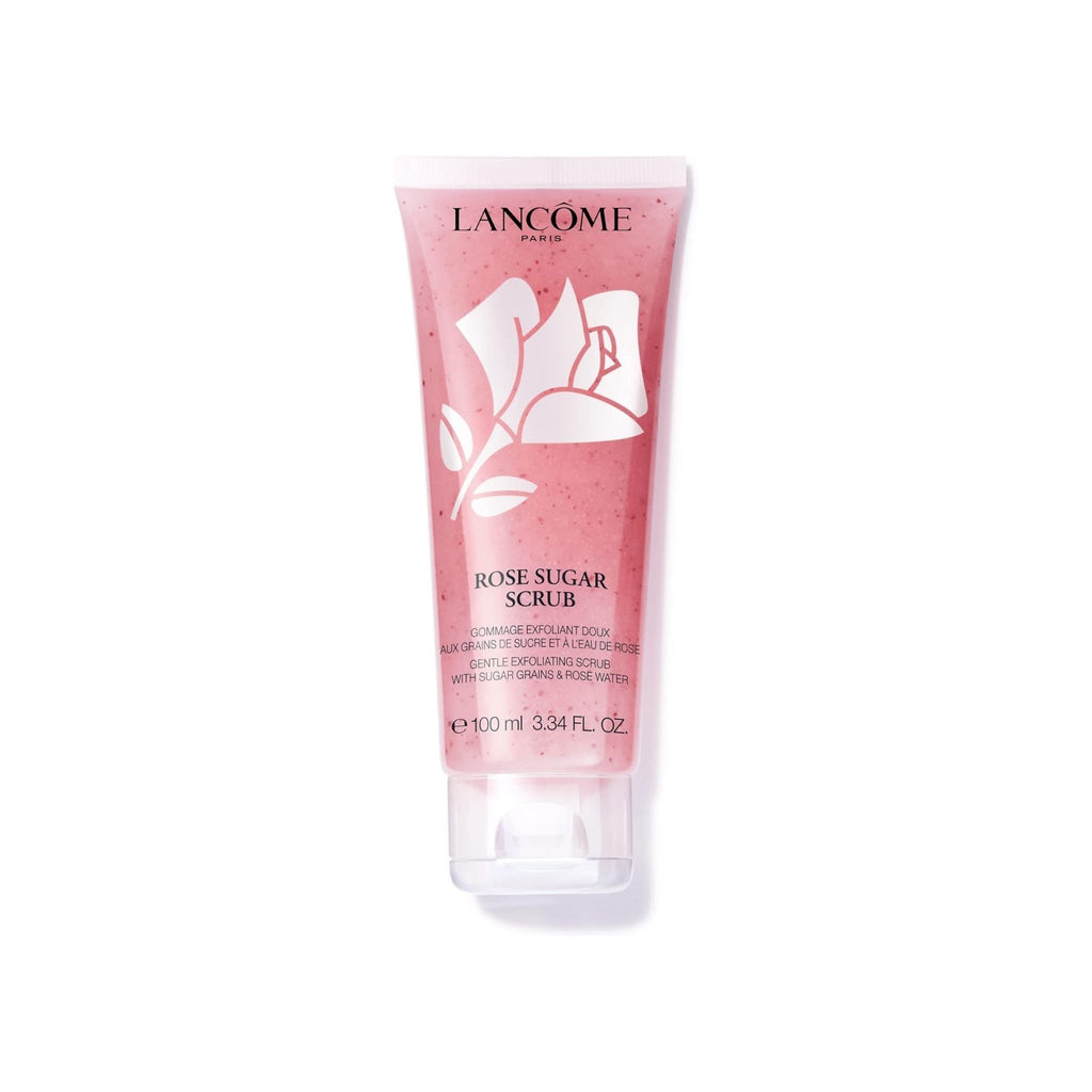 Refect Beauty Lancome Rose Sugar Scrub in a pink squeeze tube for gentle facial exfoliation with rose water