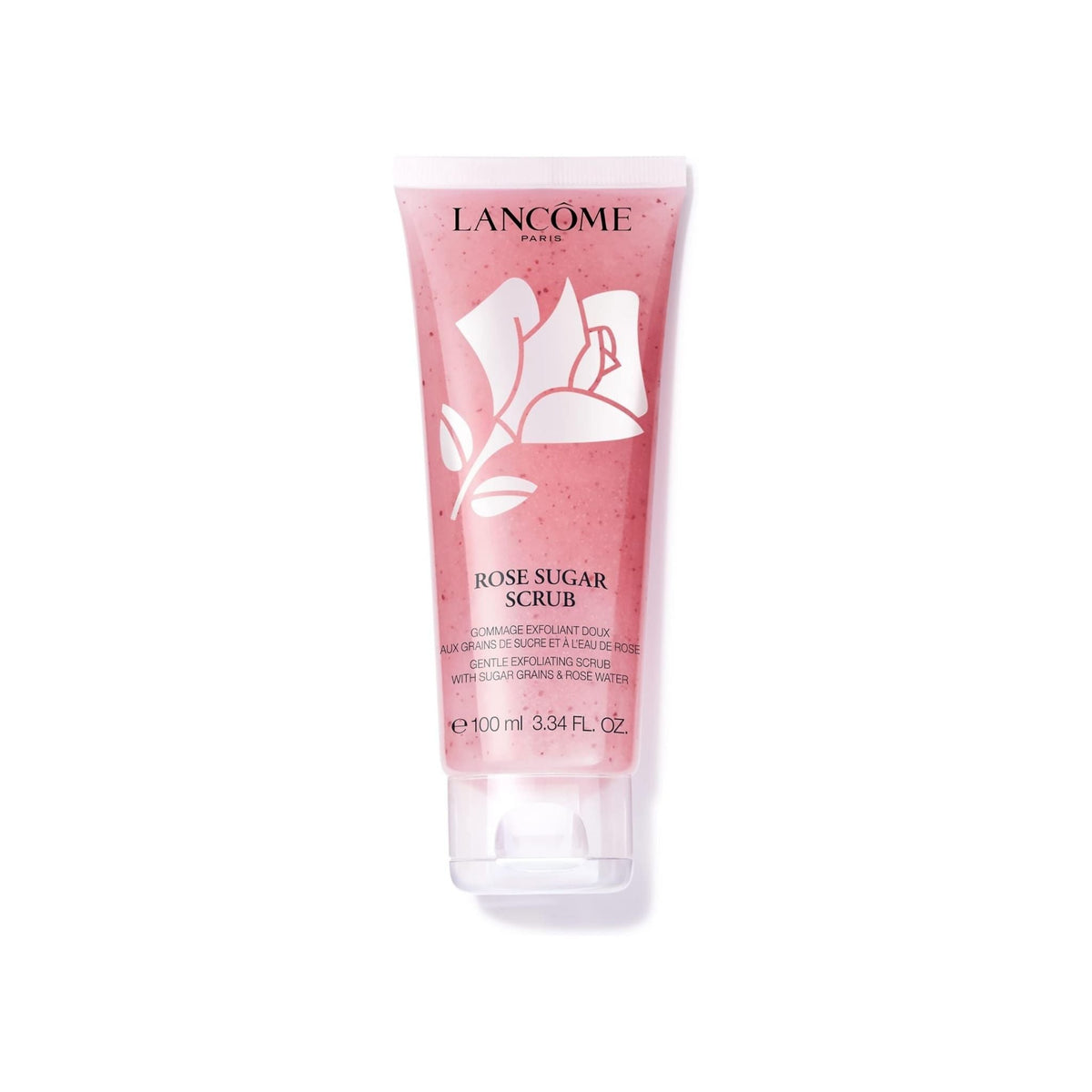 Refect Beauty Lancome Rose Sugar Scrub in a pink squeeze tube for gentle facial exfoliation with rose water