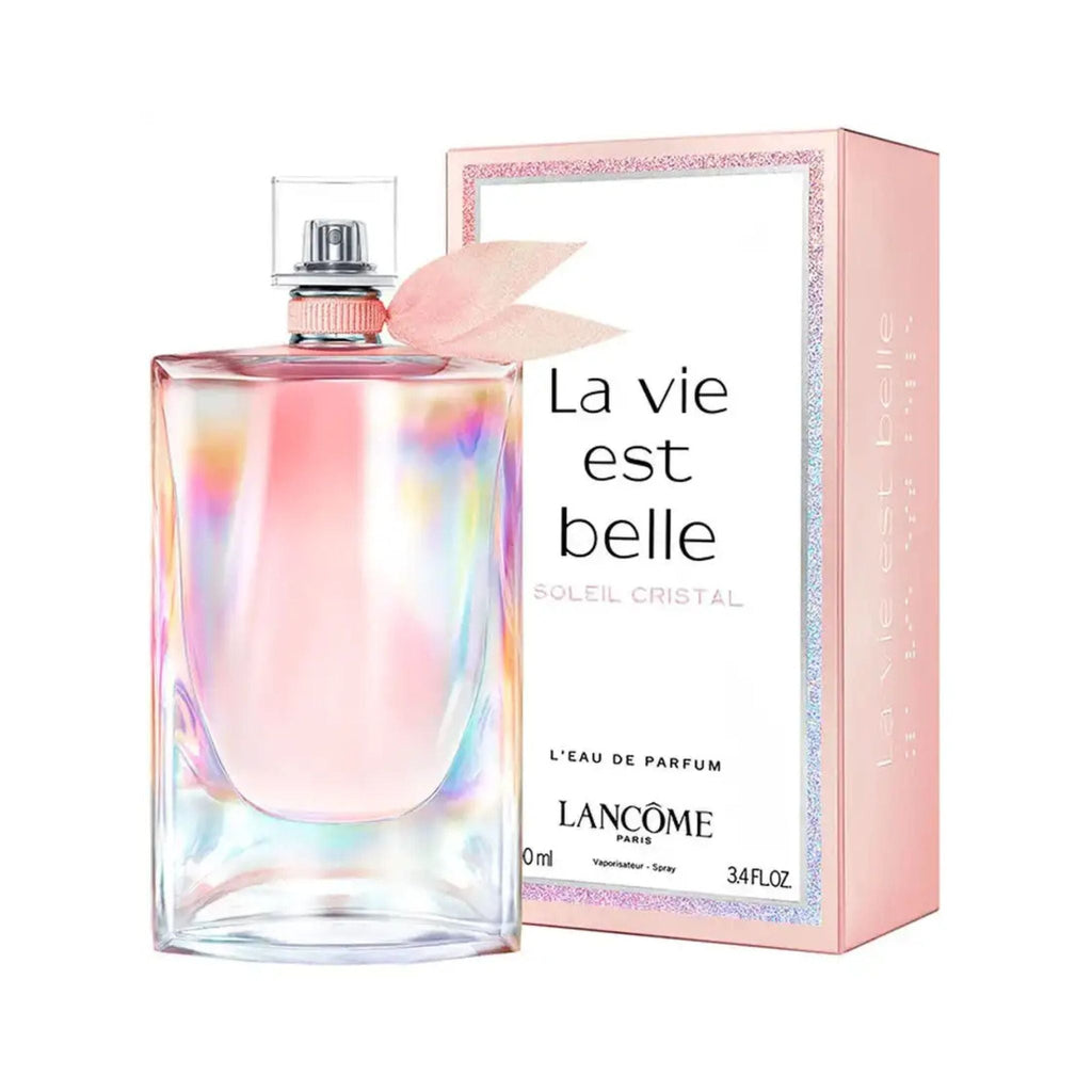 Refect Beauty Lancôme La Vie Est Belle Soleil Cristal perfume bottle with iridescent glass and pink ribbon next to box