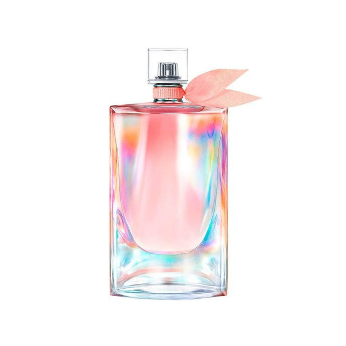 Refect Beauty Lancôme La Vie Est Belle Soleil Cristal perfume bottle with iridescent glass and a soft pink ribbon