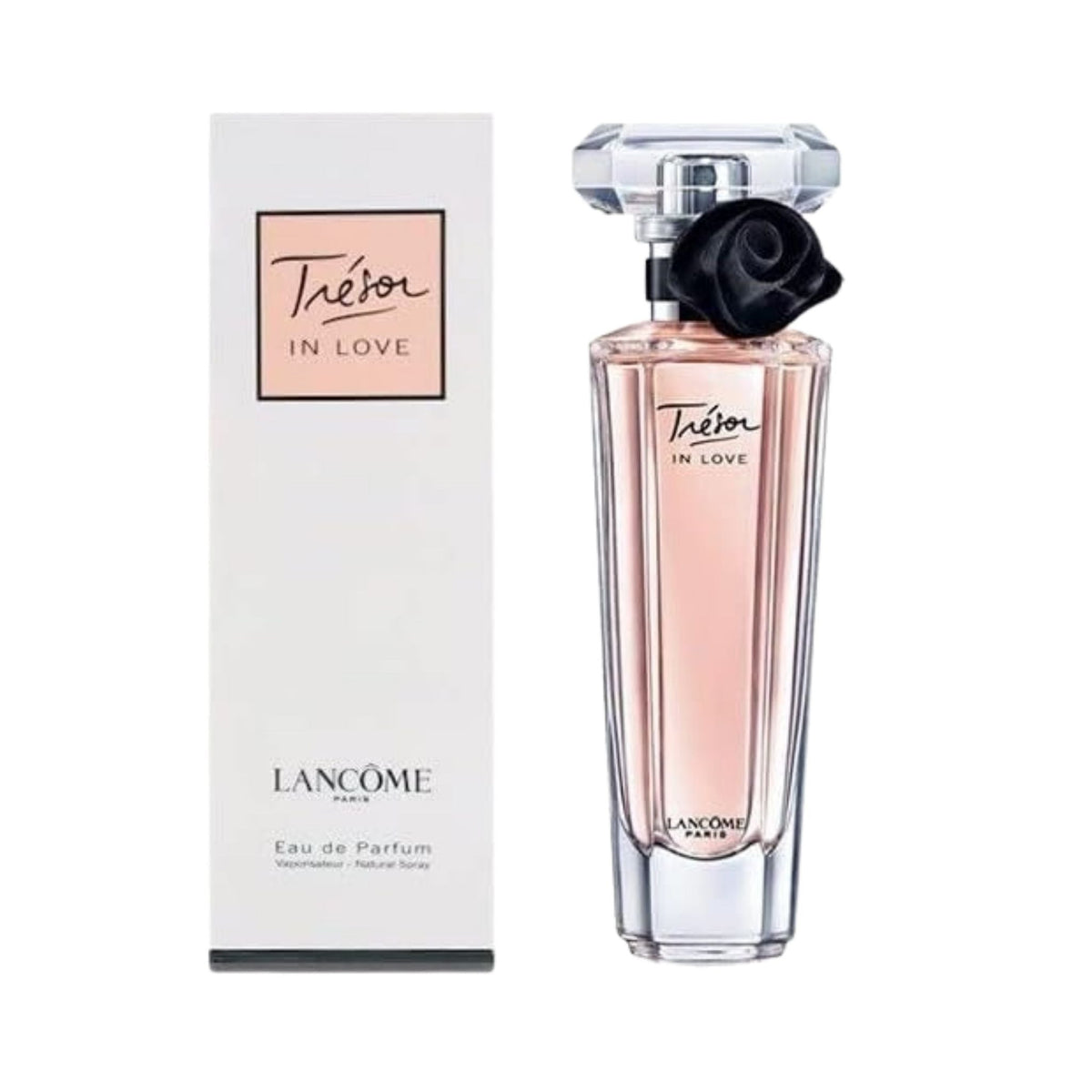 Refect Beauty Lancome Tresor In Love Eau de Parfum bottle with a black rose accent and matching white gift box.