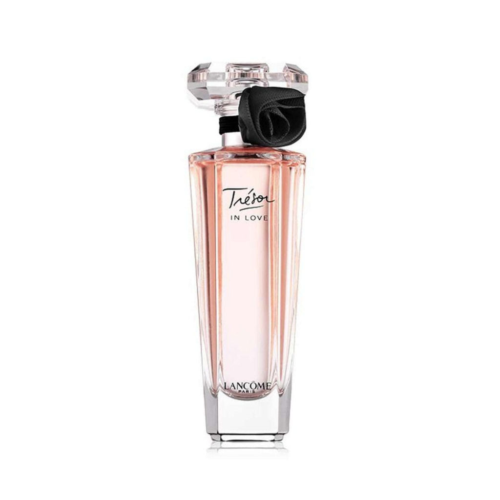 Refect Beauty Lancome Tresor In Love Eau de Parfum in a tall glass bottle with a black rose accent on the neck