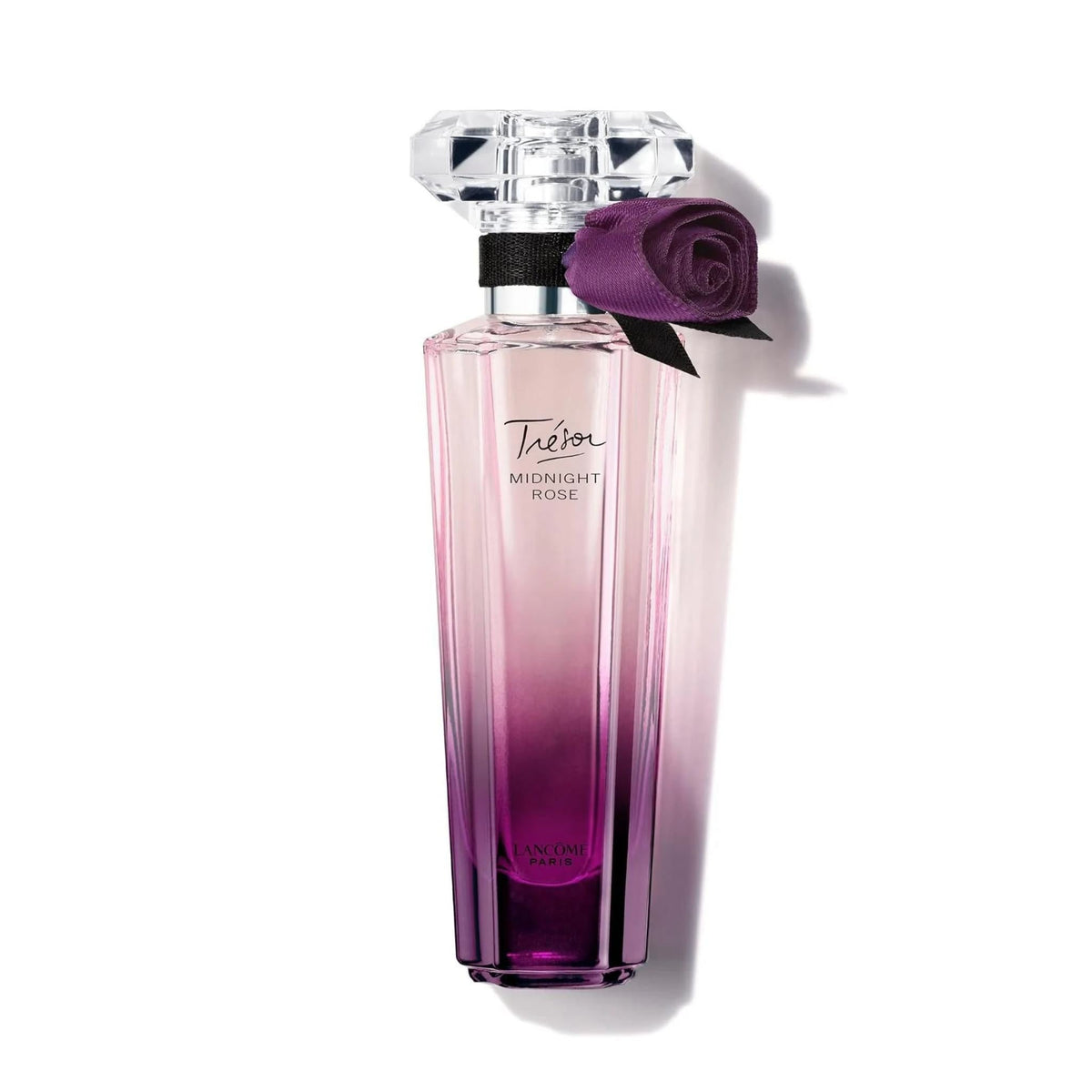 Refect Beauty Lancome Tresor Midnight Rose perfume bottle with a purple ombre glass finish and a silk rose accent.