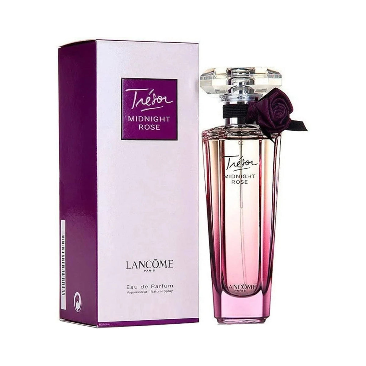 Refect Beauty Lancome Tresor Midnight Rose Eau de Parfum bottle with purple rose accent next to its matching box