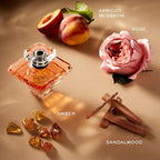 Refect Beauty Lancome Tresor Eau de Parfum bottle surrounded by peach, rose, amber, and sandalwood ingredients