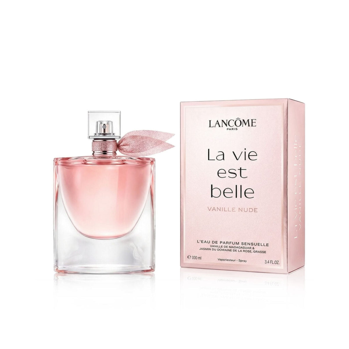 Refect Beauty Lancôme La Vie Est Belle Vanille Nude perfume bottle and pink box with a soft ribbon detail.