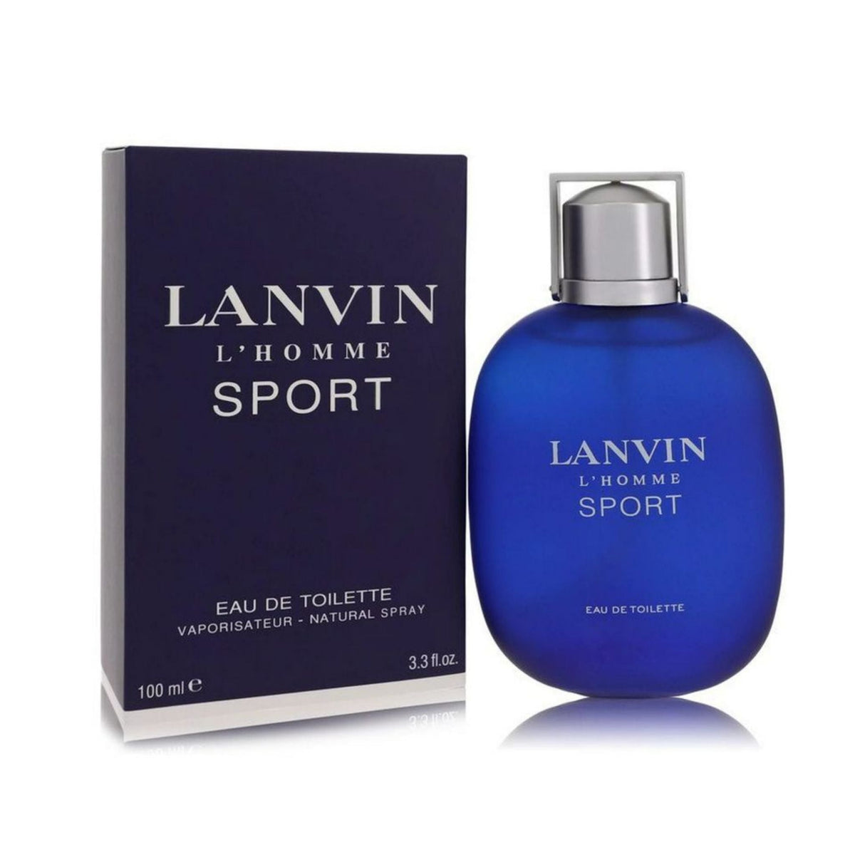Refect Beauty Lanvin L'Homme Sport Eau de Toilette in a vibrant blue glass bottle with its matching dark blue box.