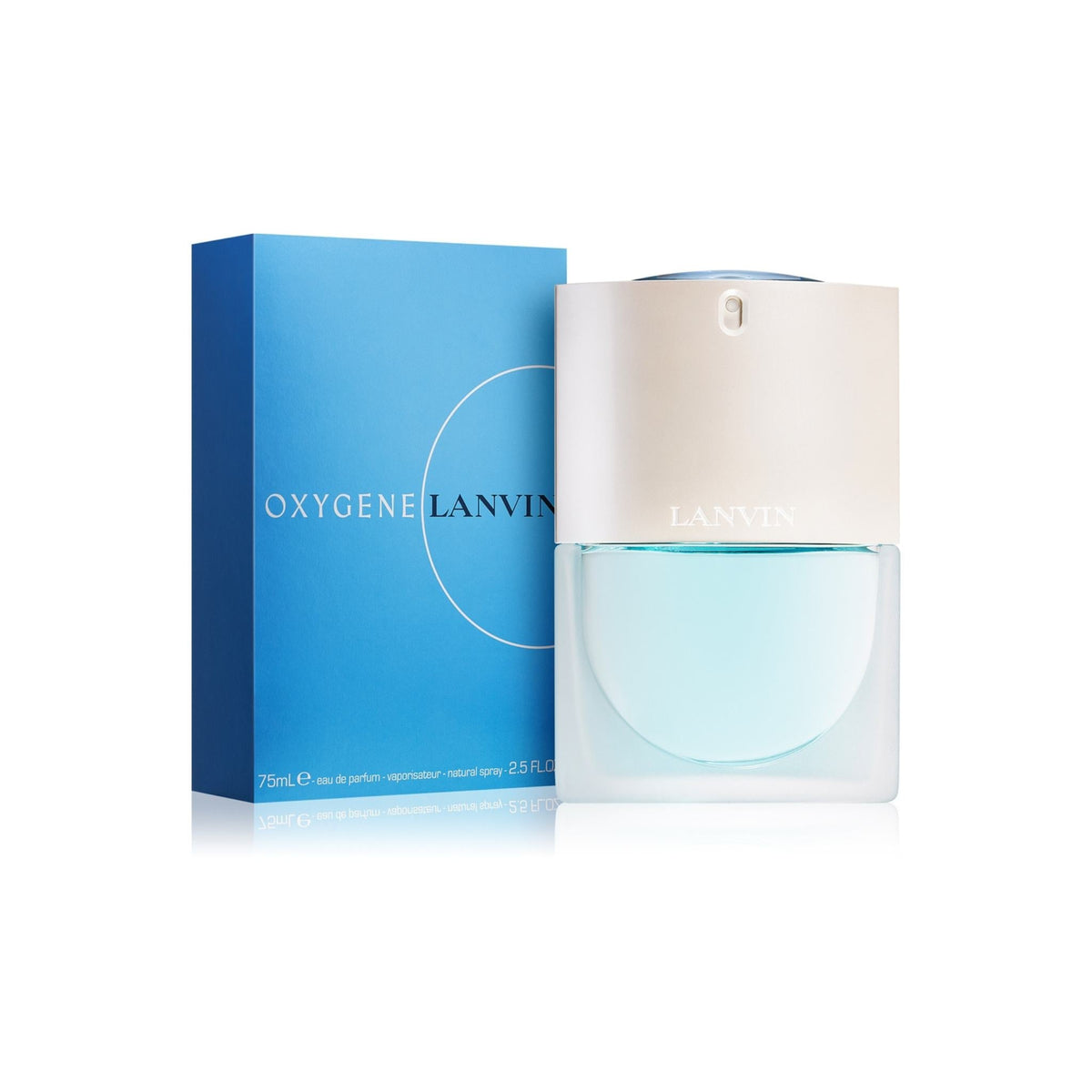 Refect Beauty Lanvin Oxygene Eau de Parfum for women featuring a blue box and a frosted glass bottle with a pale cap.