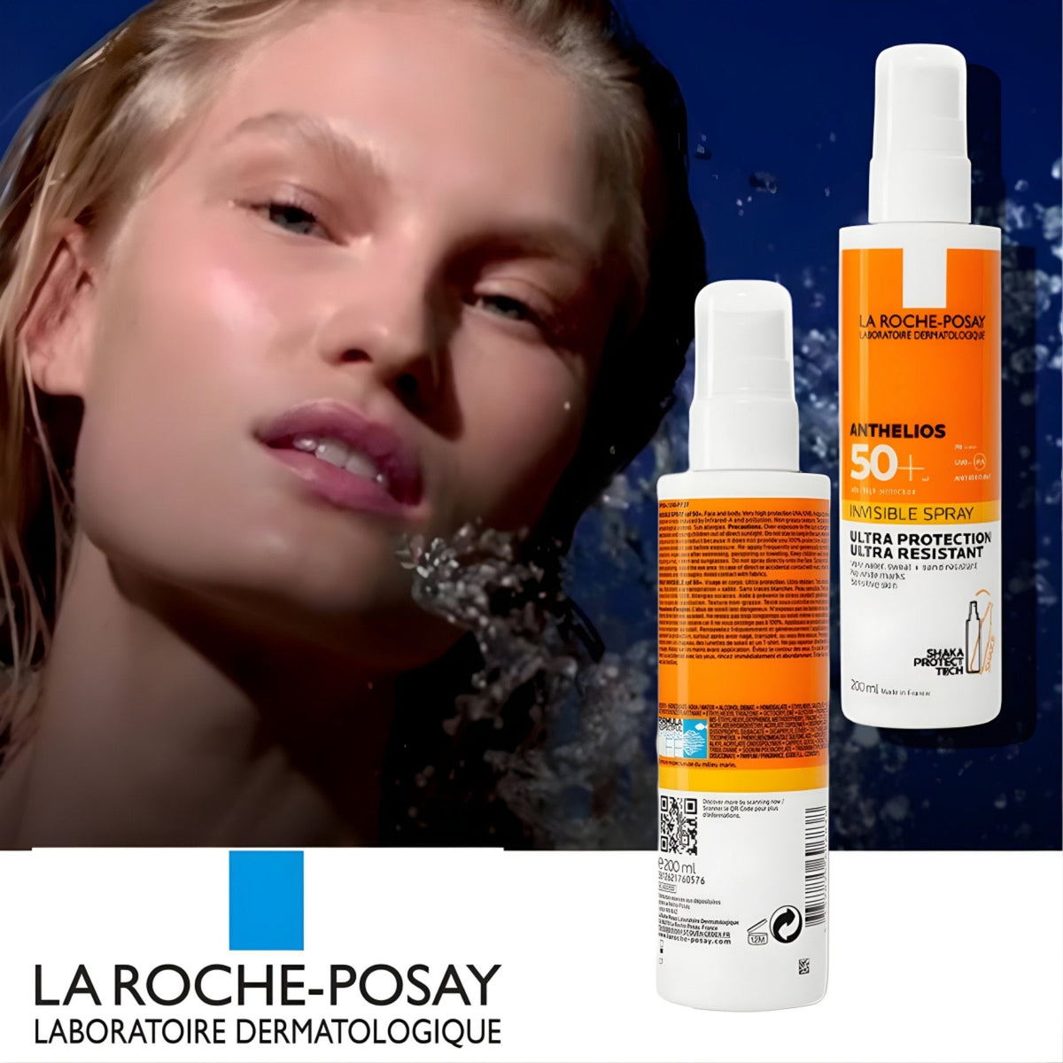 Refect Beauty La Roche-Posay Anthelios Invisible Spray SPF50+ sunscreen bottle next to a woman with wet skin