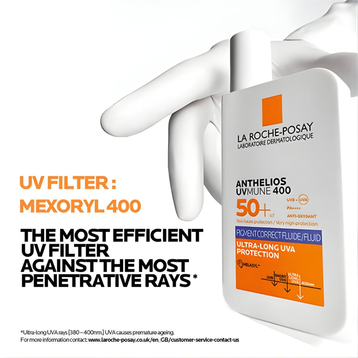Refect Beauty La Roche-Posay Anthelios SPF 50+ anti-dark spots fluid bottle held by a hand in a white glove