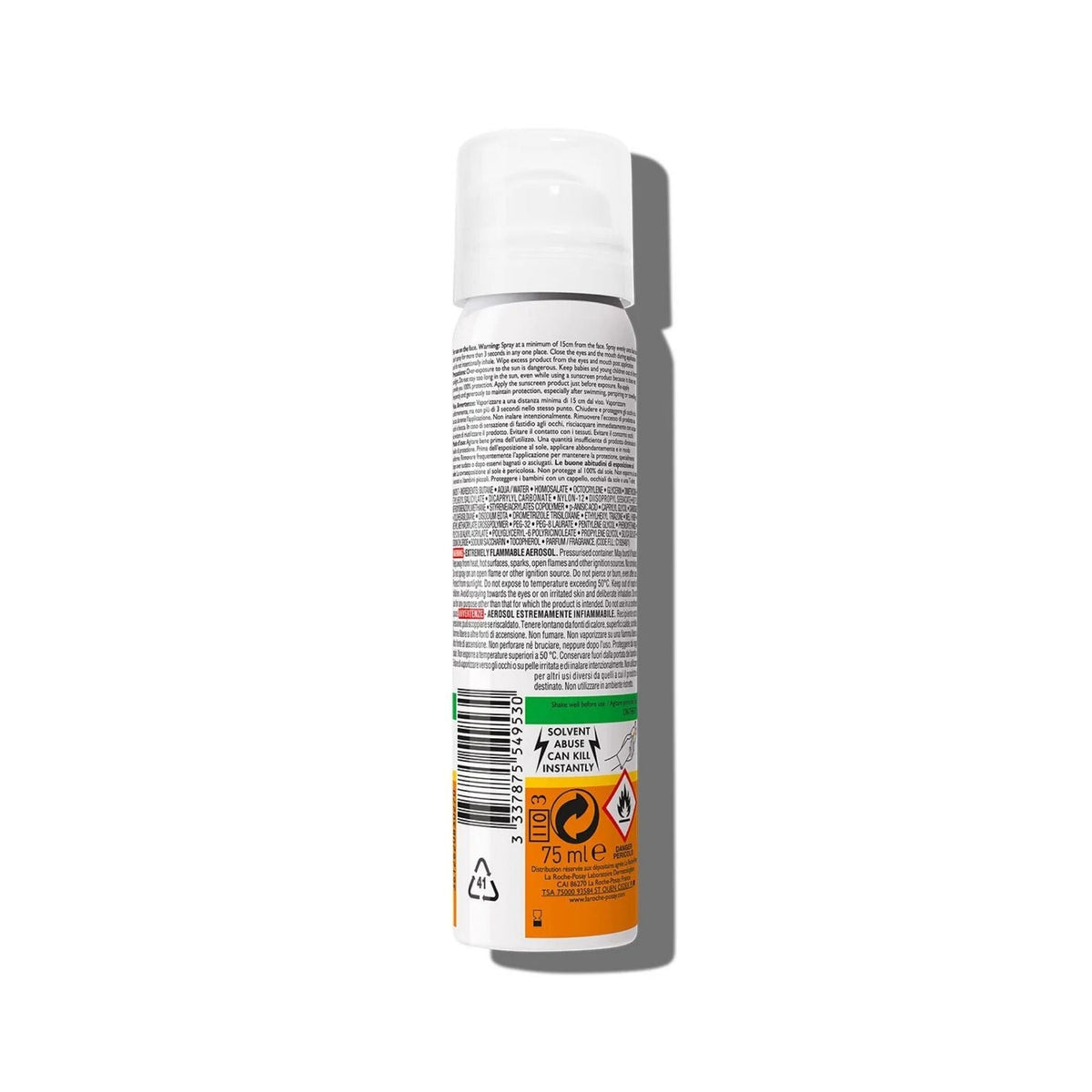 Refect Beauty La Roche-Posay Anthelios SPF50 anti-shine fresh mist sunscreen spray bottle, back view with label details.